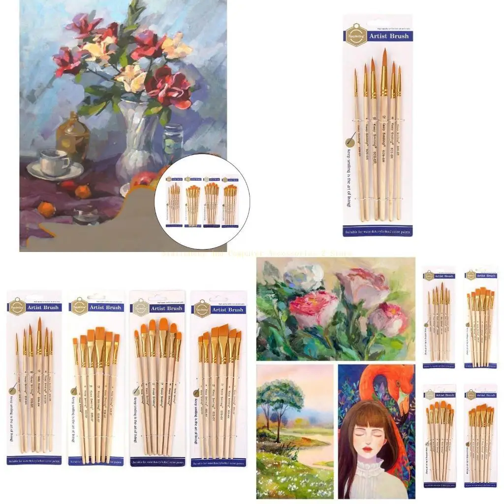 

6PCS Paint Brushes Flexible Nylon Brush for Head for Acrylic Painting Oil Waterc