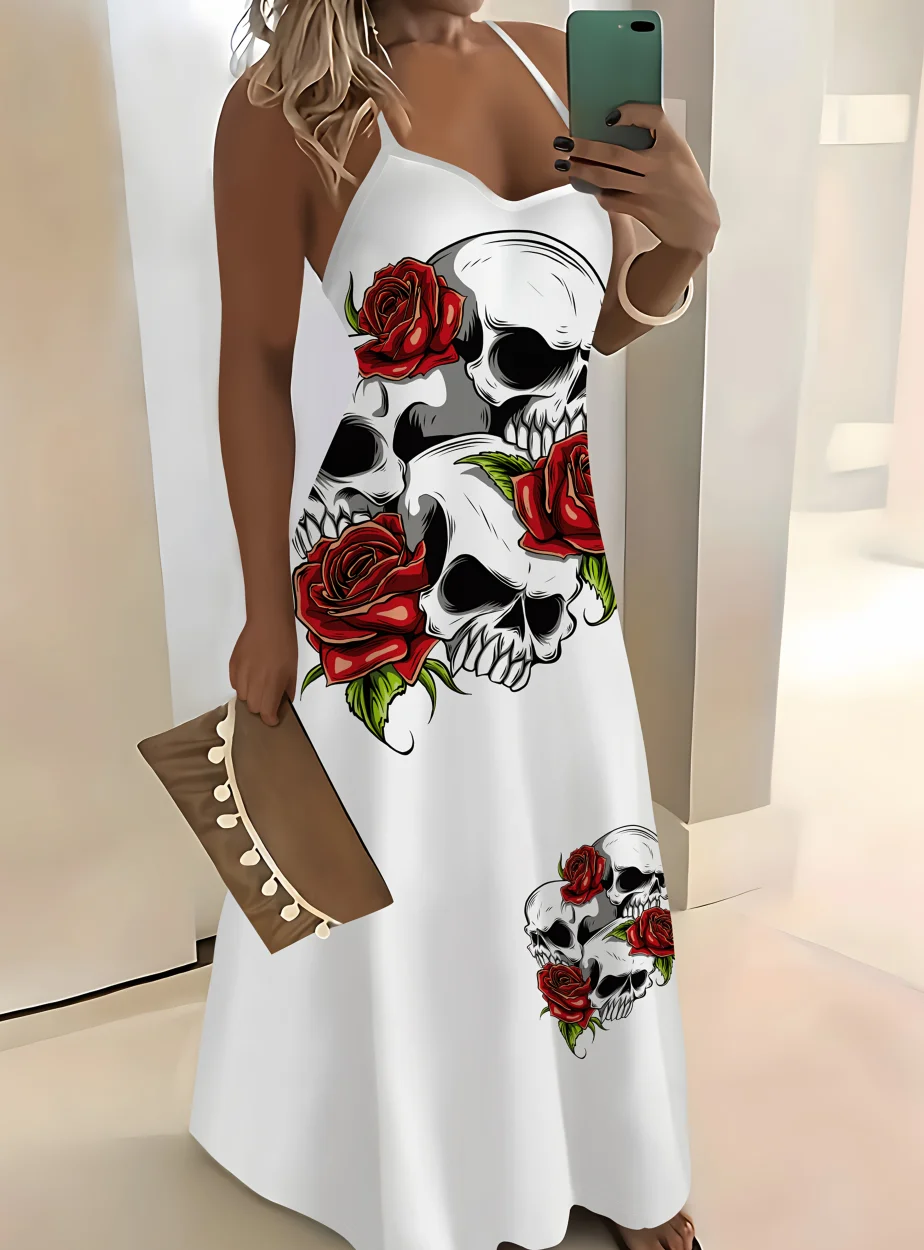 Printed Design summer vacation style Skull Rose Pattern Print Design sling dress