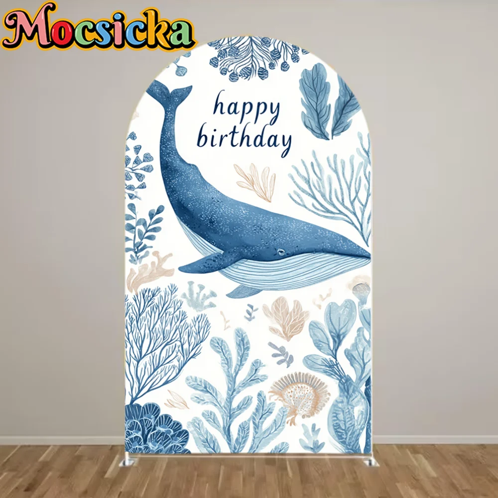 

Under the Sea World Arch Backdrop Cover Blue Boy Birthday Party Animals Whale Turtle Octopus Arched 2-Sided Background