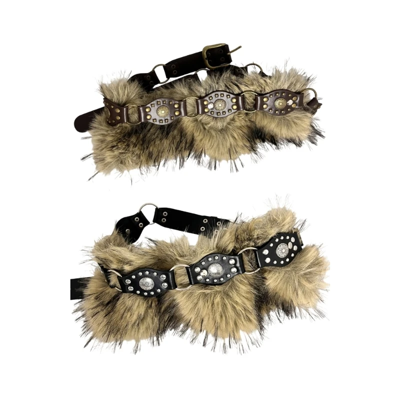 R1we Punk Rock Faux Tox Tiver With Plux Furry Accent Decorative Strap Band Café / Black Edgy 90s Fashion Bijoux