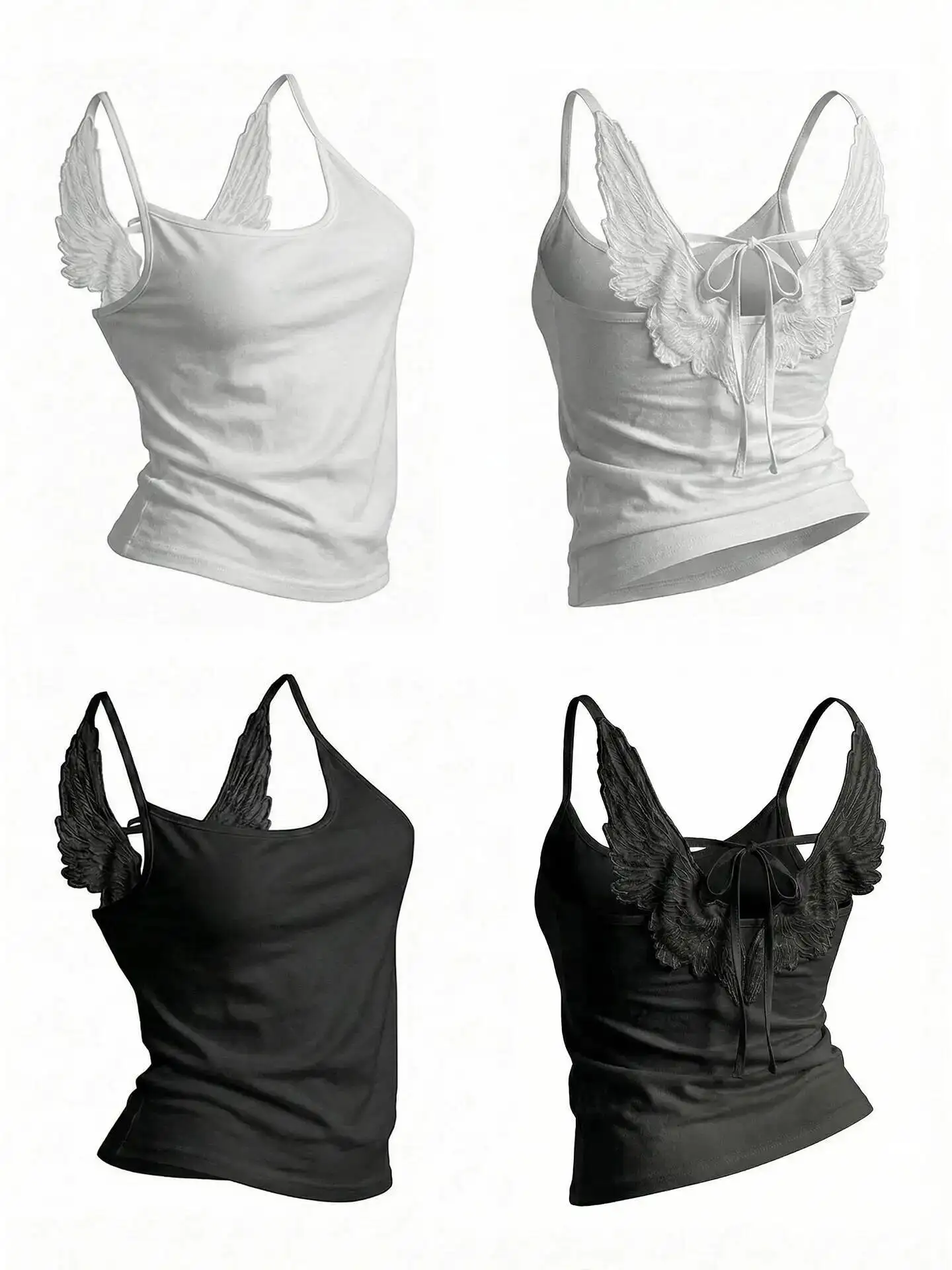 Y Demo Gothic Angel Wing Embroidery Cami Tops Y2K Grunge Aesthetic Streetwear With Back Bow Tie Camis