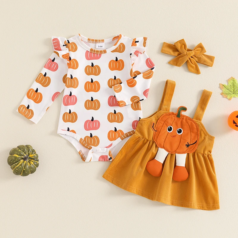 Baby Girl Halloween Outfit Ruffle Trim Long Sleeve Romper Pumpkin Patch Suspender Skirt Bow Headband Newborn Clothes Set