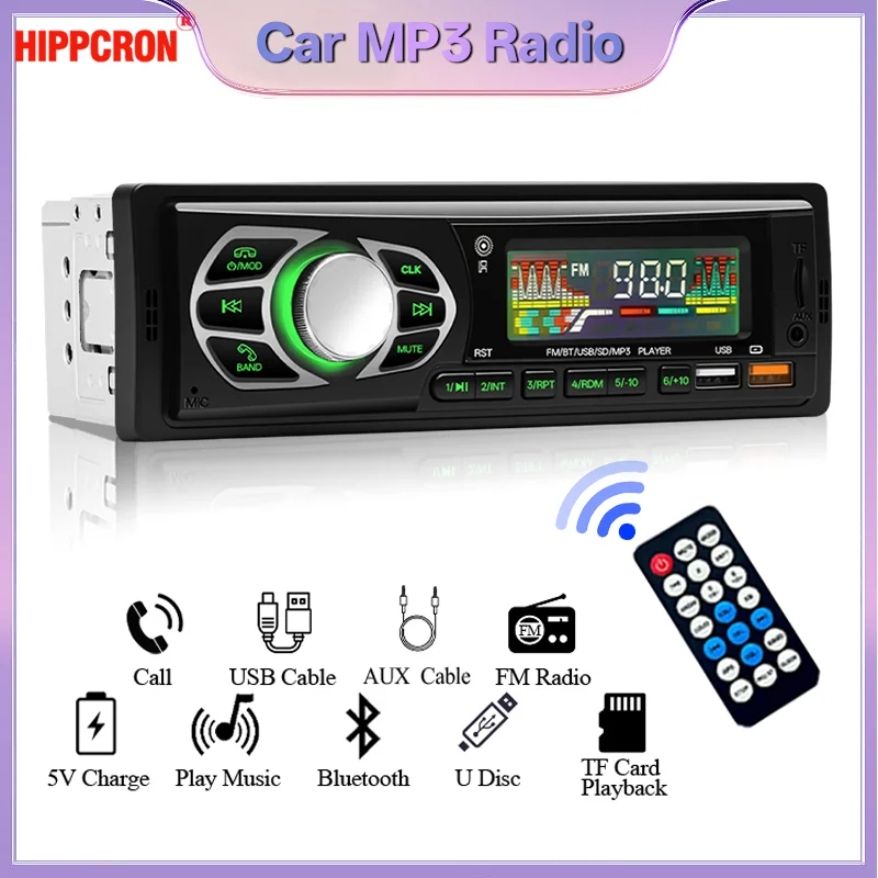 Hippcron راديو السيارة 1din الصوت بلوتوث مشغل MP3 ستيريو FM استقبال مع أضواء ملونة AUX/USB/TF بطاقة في داش كيت