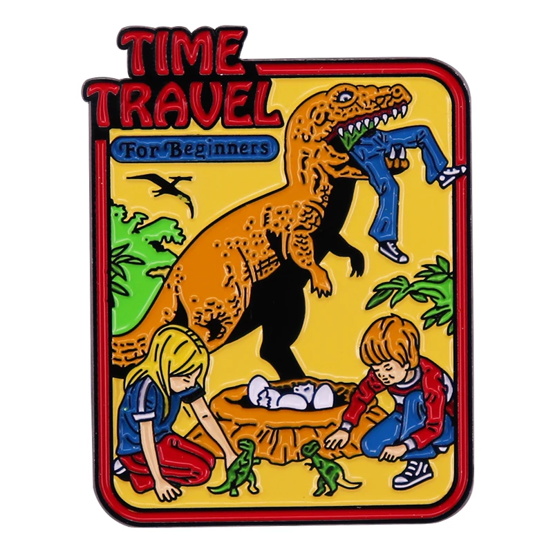 Time Travel for Beginners Enamel Lapel Pin Dinosaur Evil Art Badge Brooch Retro Comic Backpack Decoration Fashion Jewelry