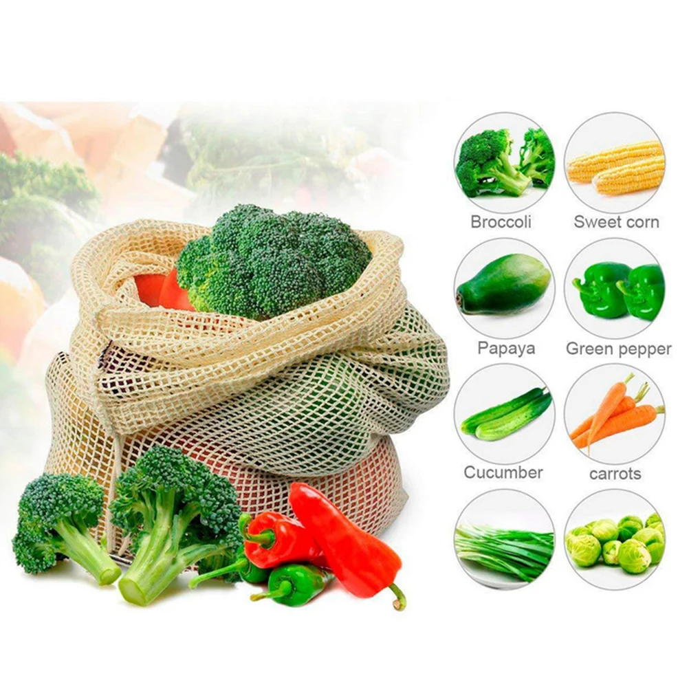 

3 Pcs Bags Drawstring Food Storage Pouch Food Storage Vegetable Fruit Reusable Vegetable Bags Eco Grocery Shopping Bag
