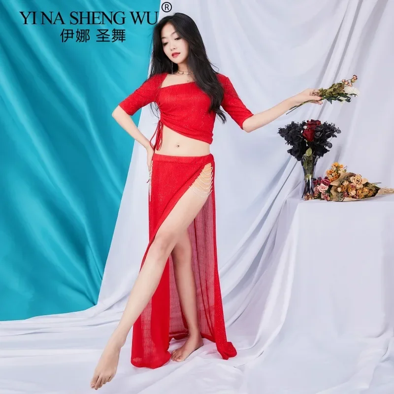 Novas mulheres trajes de dança do ventre sexy topo e frisado longo divisão saia feminina roupas de dança do ventre mangas curtas roupas de treinamento