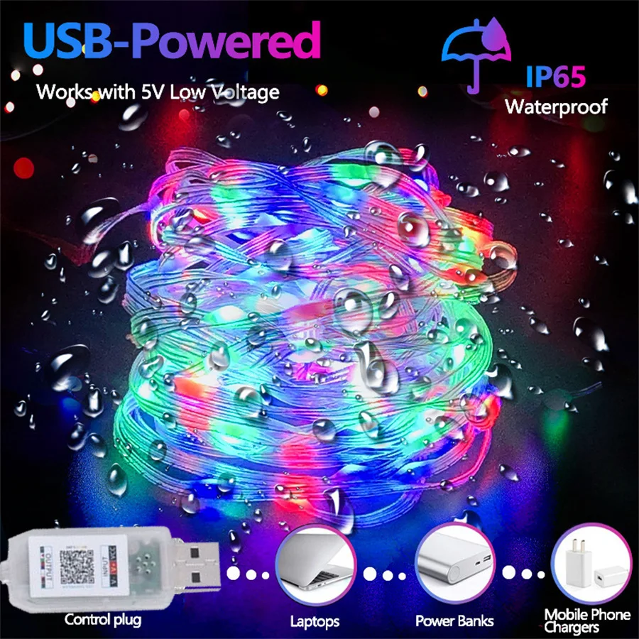 RGBIC USB LED سلسلة أضواء DIY بها بنفسك في الهواء الطلق شجرة عيد الميلاد ديكور الجنية أضواء 8 طرق بلوتوث APP لحفل زفاف عطلة Lighti