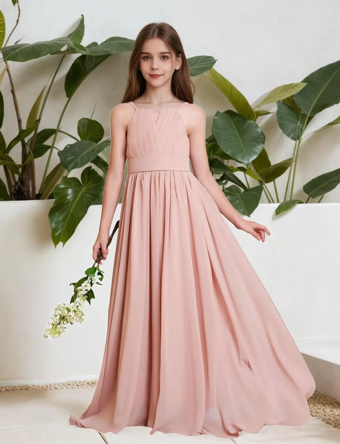 Meninas júnior vestidos de dama de honra a linha halter chiffon maxi vestido longo para adolescentes casamento pageant festa vestido da menina