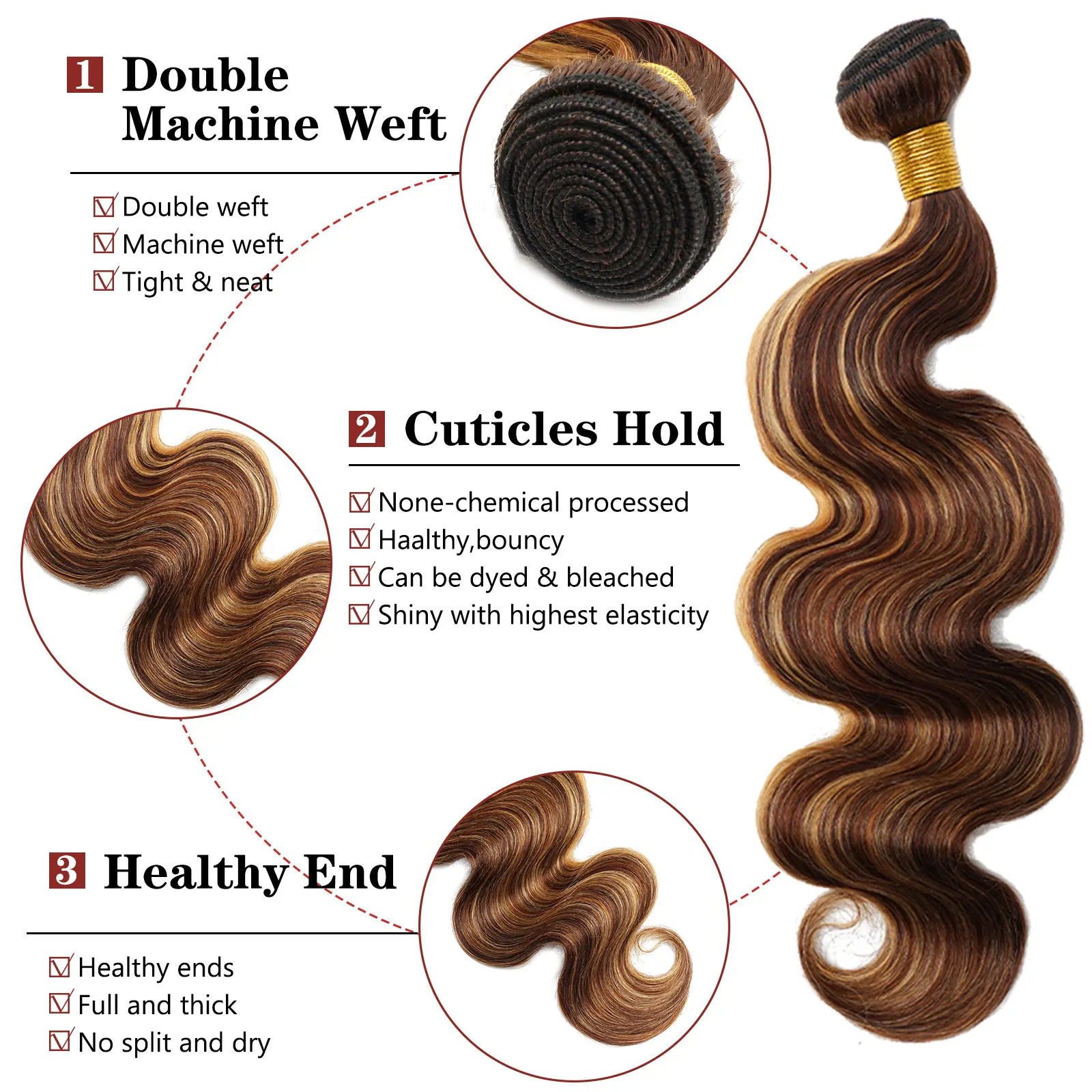 Bundles brésiliens Body Wave, Extensions de cheveux humains Remy, Tissage de cheveux humains, 24 po, 1, 3, 4 Full & Optics, P427 Document