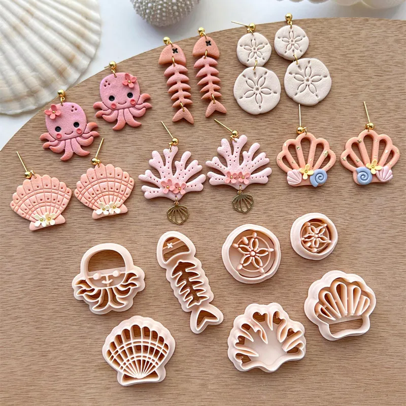 Cortadores de arcilla polimérica de botánica oceánica, concha, pulpo, arena, dólar, Coral, espina de pescado, cerámica blanda, pendiente de arcilla, herramientas para hacer colgantes de corte
