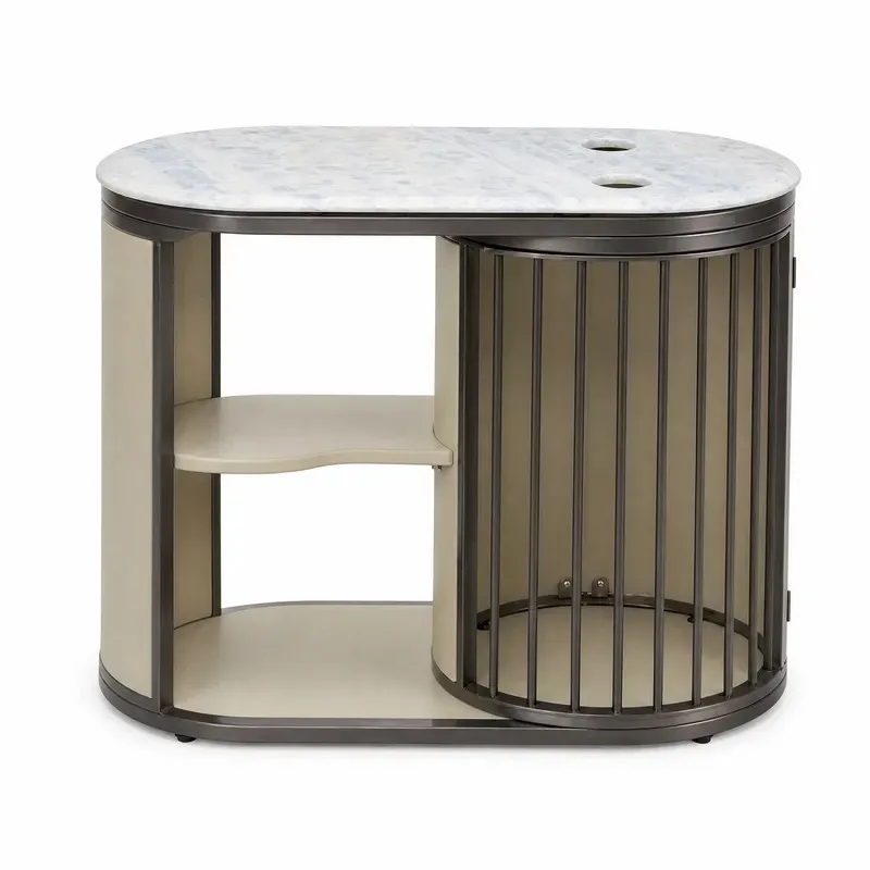 Natural Crystal Ocean Blue Marble Side Cabinet 800x420mm Leather Wrapped Metal Frame Locker for Living Room Hotel Wholesale