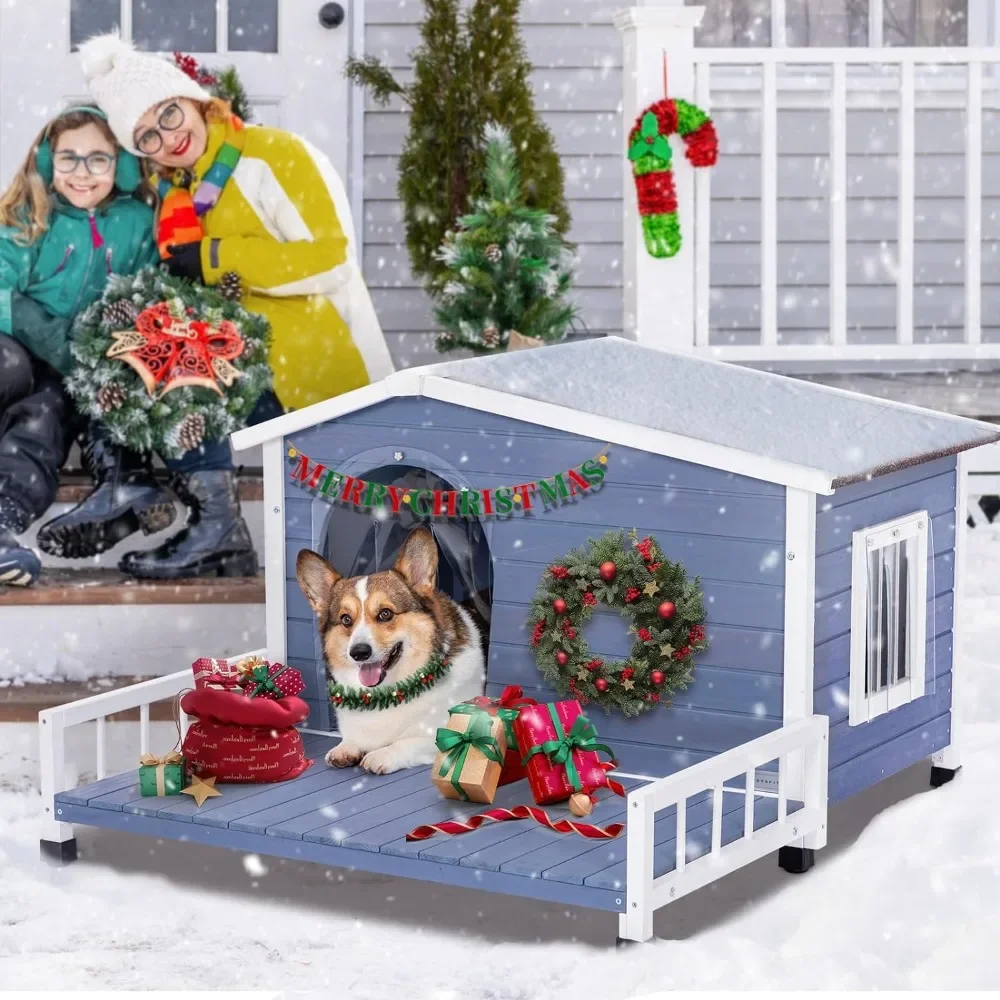 

Dog House Outdoor with Terrace&Openable Asphalt Roof, 40" L X 47" W X 28.5" H,Outside Dog House with Elevated Floor,Dog House