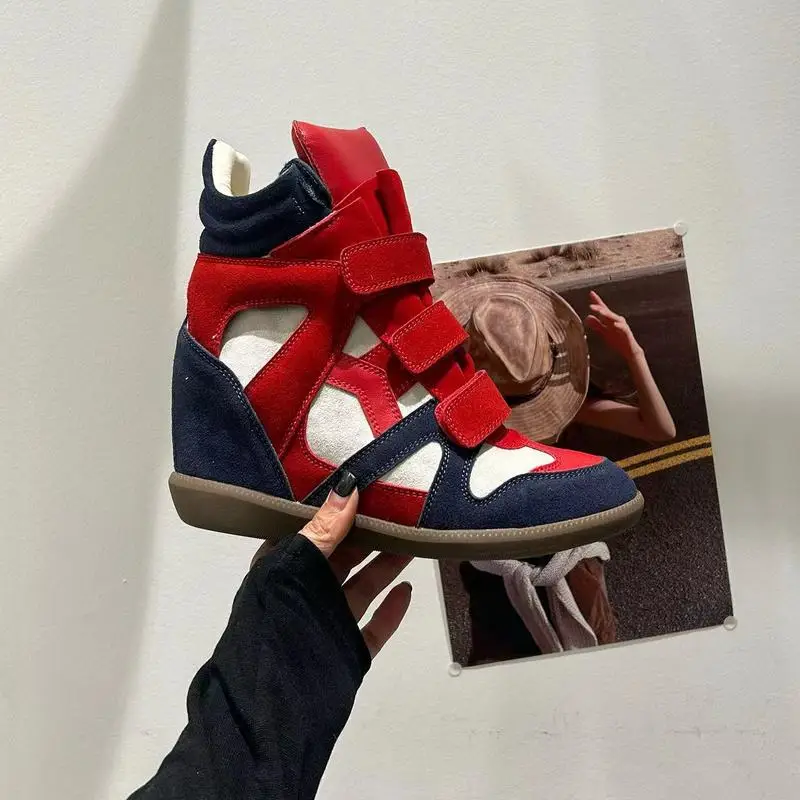 Women High‑Top Hidden Wedge Sneakers 2026 Spring New Red Patchwork Straps Closure Thick Sole Inner Height‑IncreaseF385 view 2