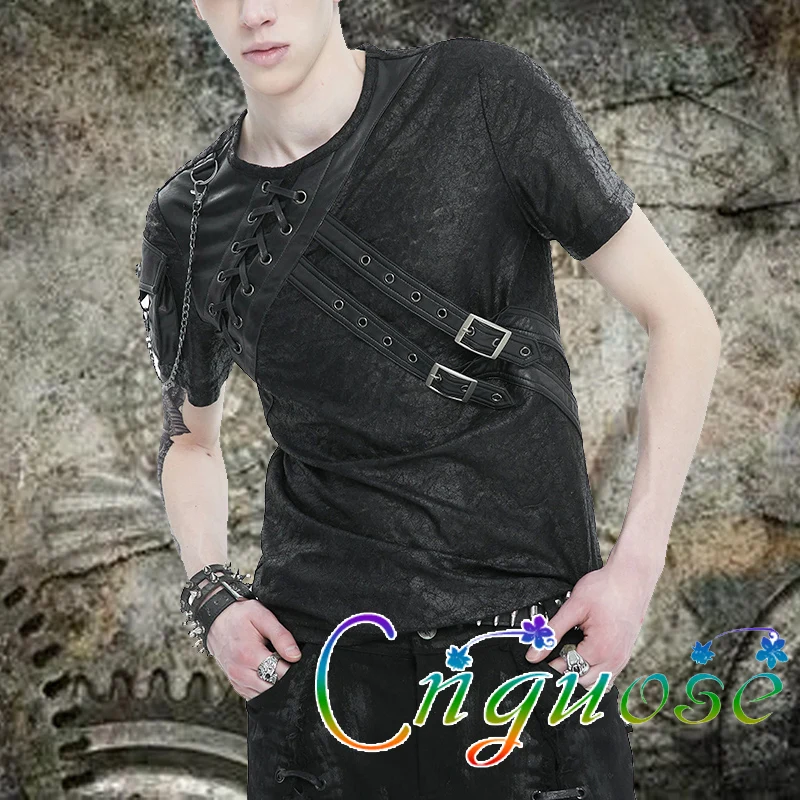 

Летняя модная футболка 2026 в стиле готика-панк с молнией и цепями, мужская футболка с коротким рукавом, топ, одежда