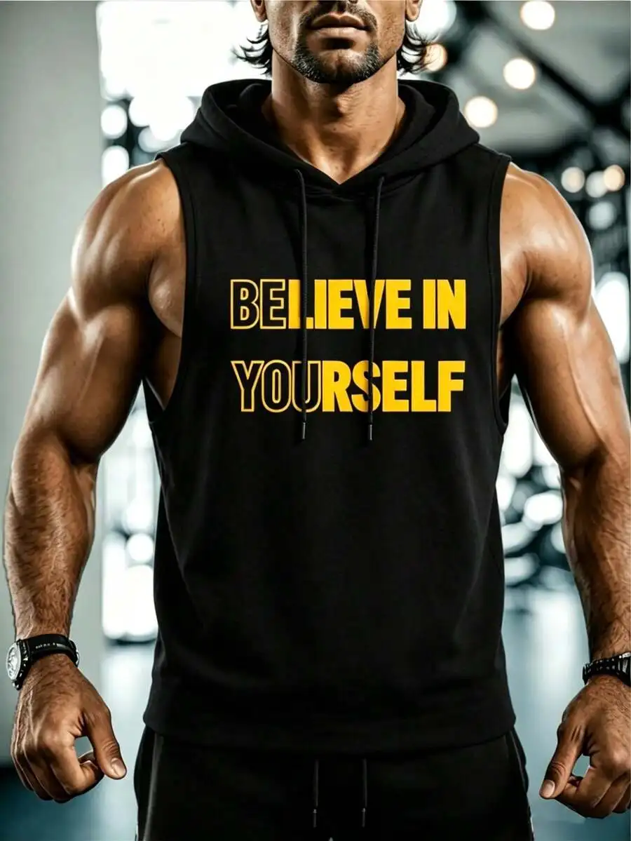 Mens Sleeveless Hooded Vest With Drawstring And Bold Letter Print