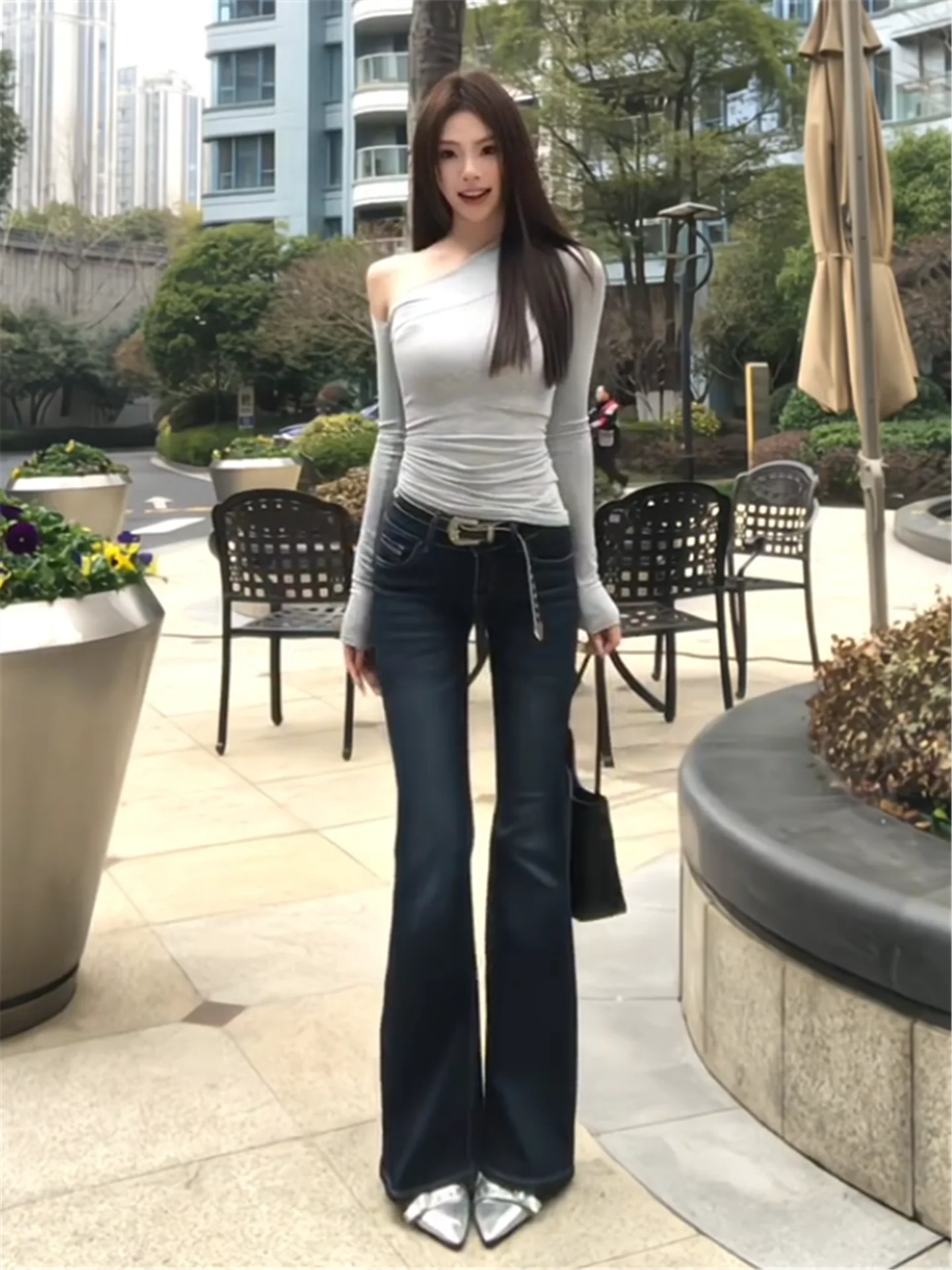 

Low Waist Bell Bottom Denim Jeans Women's Slimming Washed American Street Style Spring Fashion Casual Deep Color Jeans