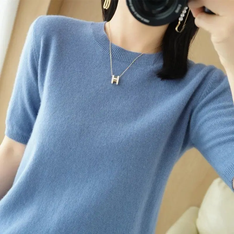 Women Clothing Elegant Fashion O-neck Half Sleeve T-shirts Spring Summer Casual All-match Solid Undershirt Office Lady Knit Tops