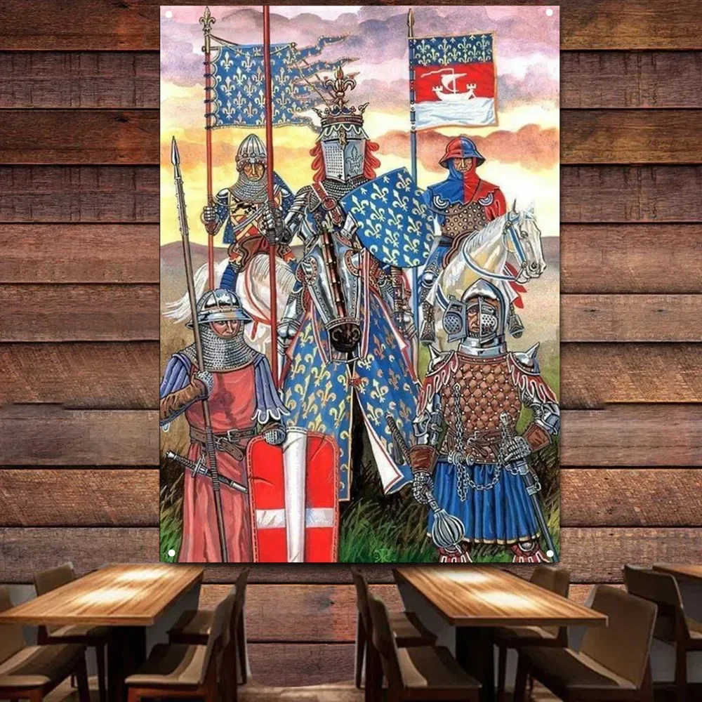 Knights Templar Room Decor: Vintage Armor Art Posters, Tapestry, Warrior of Christ Flag Banner Wall Hanging Ornaments for Dorms