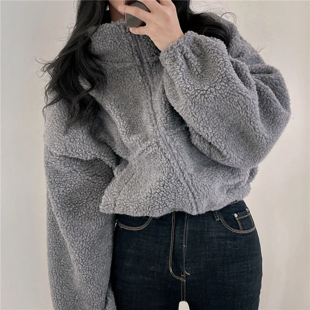 Women Jackets for Autumn Winter Thickened Loose Fit Stand Collar Cropped Sweatshirt Coat with Long Sleeves and Zip