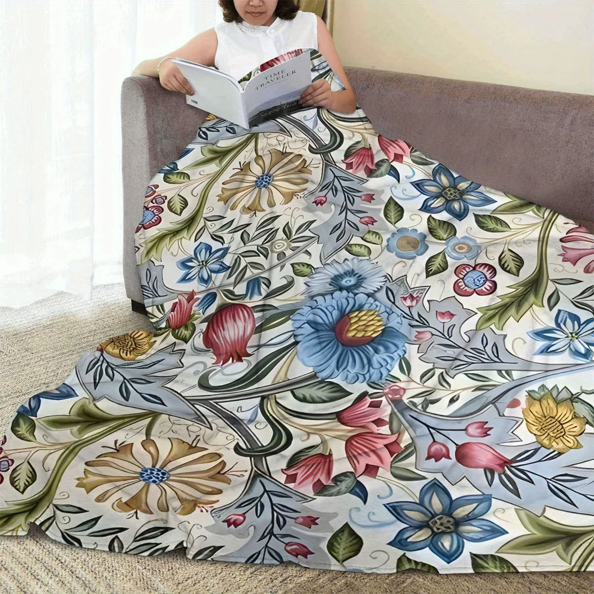 Aesthetic Retro Ornate Floral Botanical Art Flannel Blanket, Lightweight Warm Throw Blanket Bedroom Sofa Camping Daily Use Gift