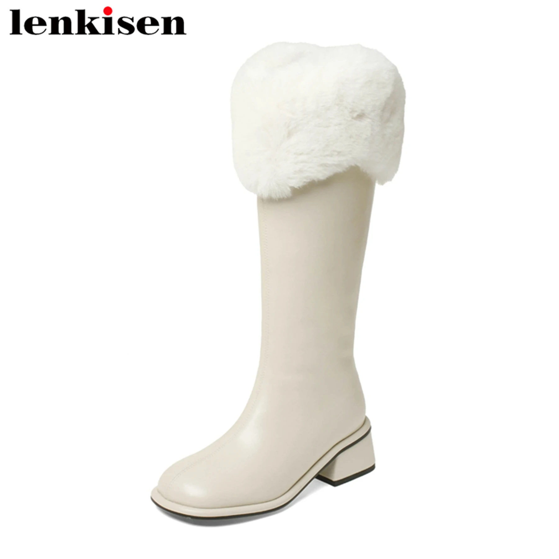 

Lenkisen Cold-resistant Cow Leather Med Heels Round Toe Snow Boots Elegant Concise Fur Brand Solid Zipper Over-the-knee Boots