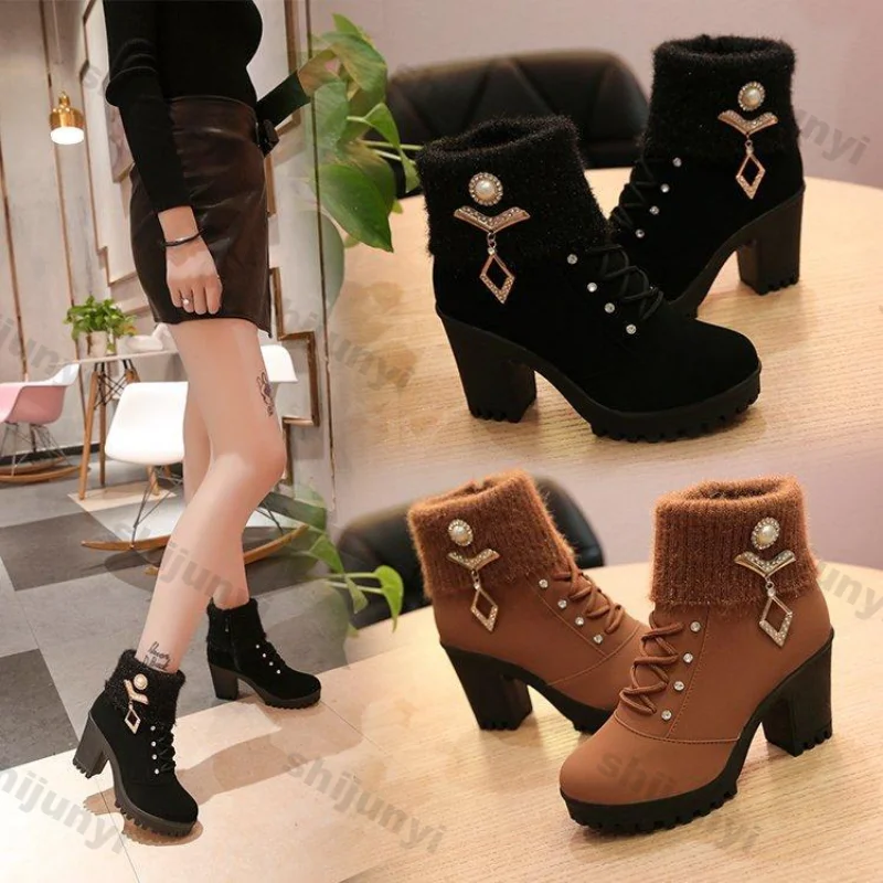 Women's Chunky Heeled Ankle Boots Autumn Fashion Rhindiamonds Solid Color High Heels Shoes Female Lace Up Platform Short Booties