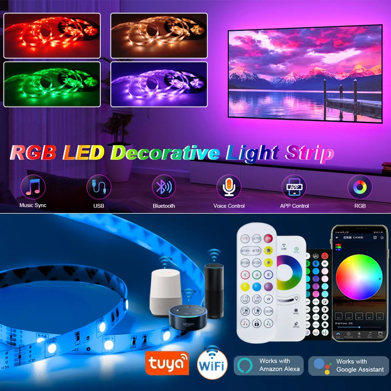 Tira de luces Led Tuya con Wifi, aplicación de sincronización de música, Control remoto, USB, 5V, RGB, cinta Flexible para PC, TV, retroiluminación, decoración de habitación, funciona con Alexa