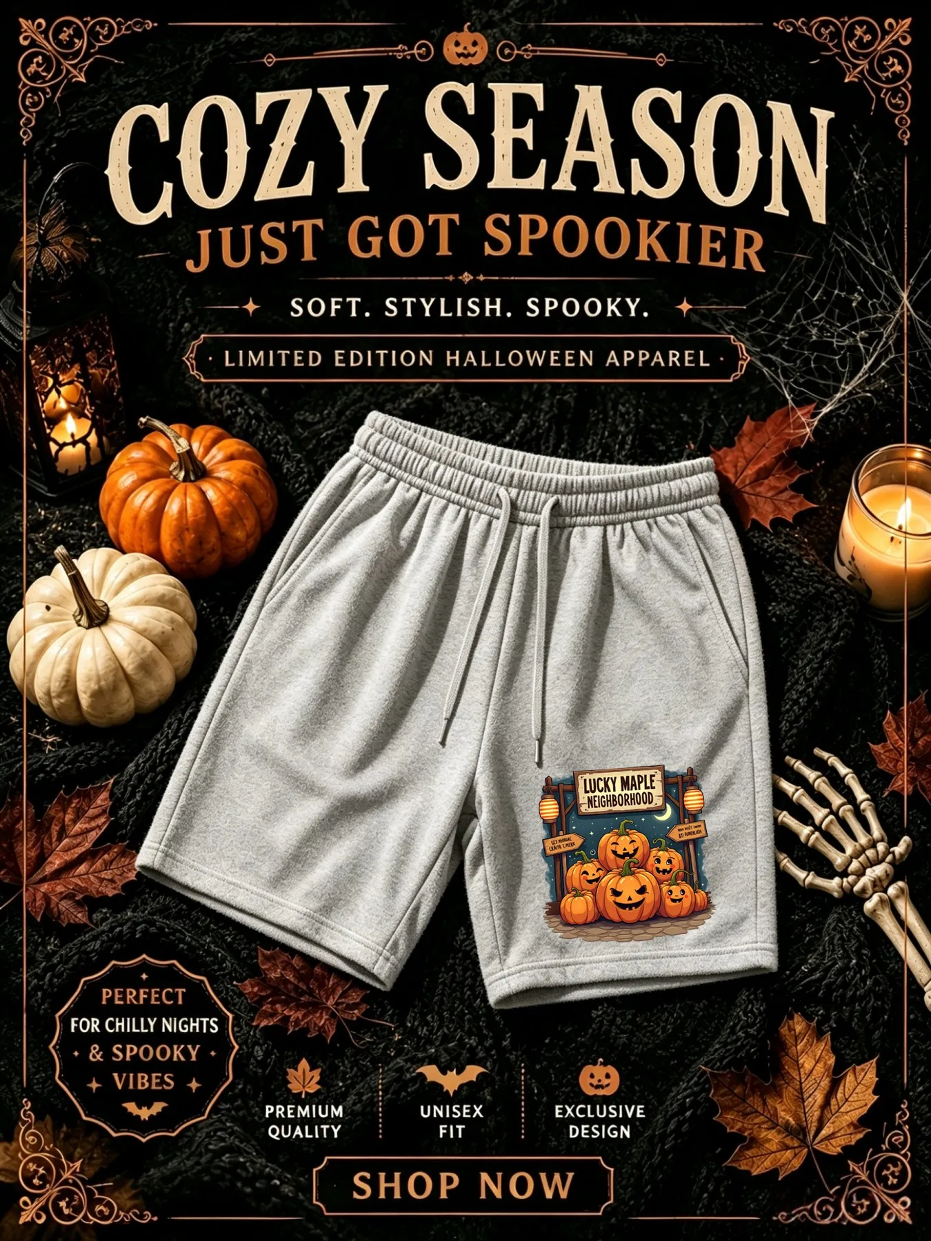 Men's Halloween Shorts, Cute Smiling Pumpkin, Lucky Maple Forest Community Design Jogging Shorts Under The Night Sky
