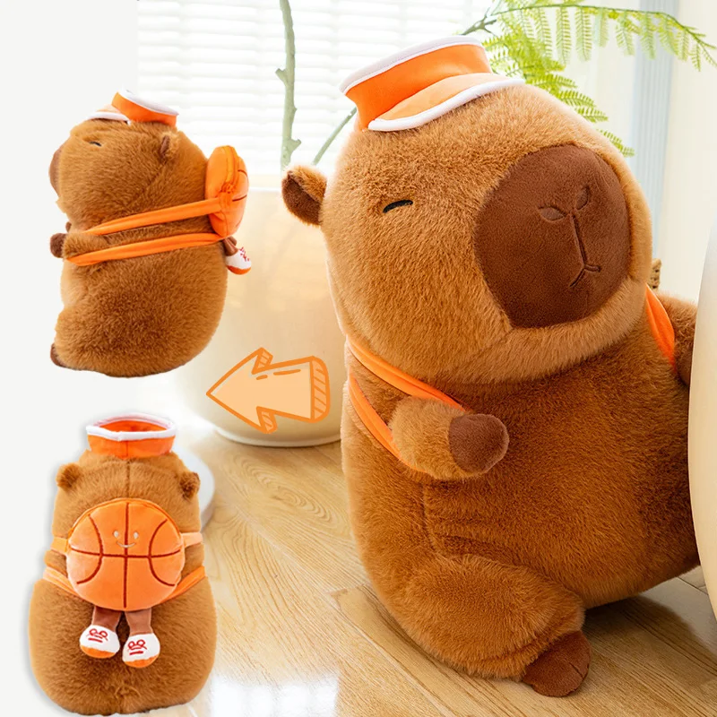 Juguete de peluche de capibara de 26cm con sombrero naranja, mochila de baloncesto, juguete de peluche de capibara de dibujos animados, muñeco esponjoso bonito, decoración del hogar, regalos para niños