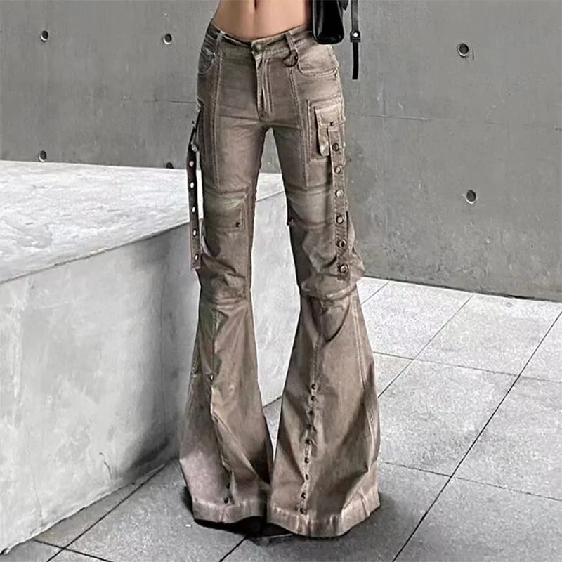 2024 Autumn Women's Casual Khaki Harajuku Jeans Vintage Korean Emo Loose Washed Pants Y2K Wide Leg Punk Sexy Denim Trouser