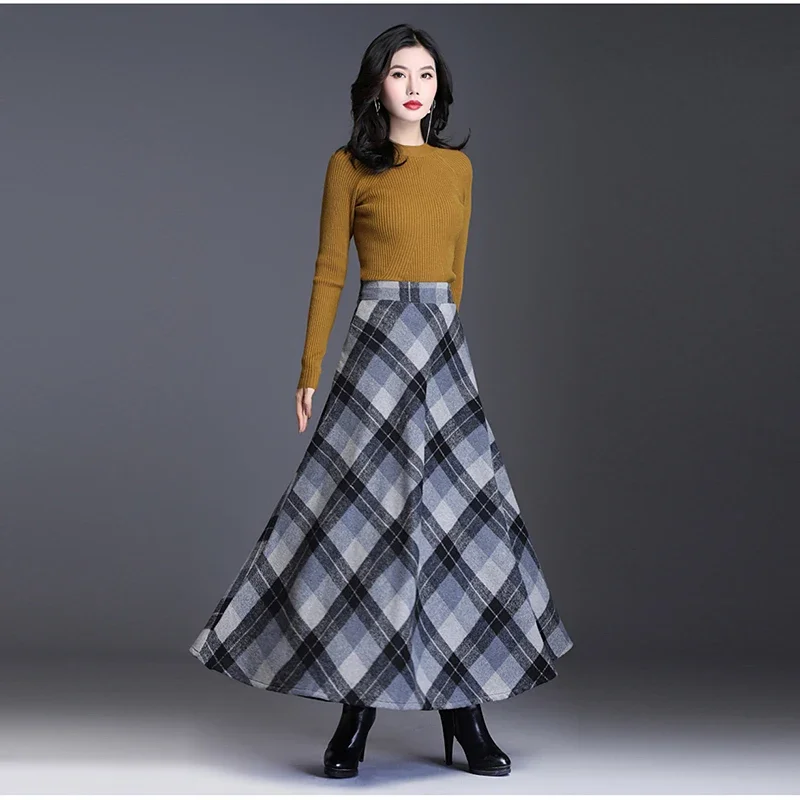 Plus Size 3XL Women Plaid Skirt Thick Warm Elegant Tall Waist 2024 Winter Casual Woolen Long Plaid Skirt