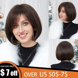 Dark Brown Bob Wig Straight Synthetic Blend Human Hair Wigs with Bangs for Women Daily Cosplay Use Heat Resistant Blend Hair Wig