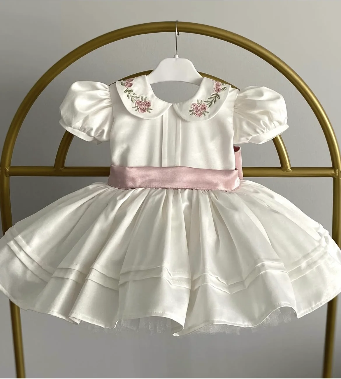 Baby Girl Summer Pink Rose Handmade Embroidery Turkish Vintage Princess White Dress for Birthday Holiday Eid Photograph B270