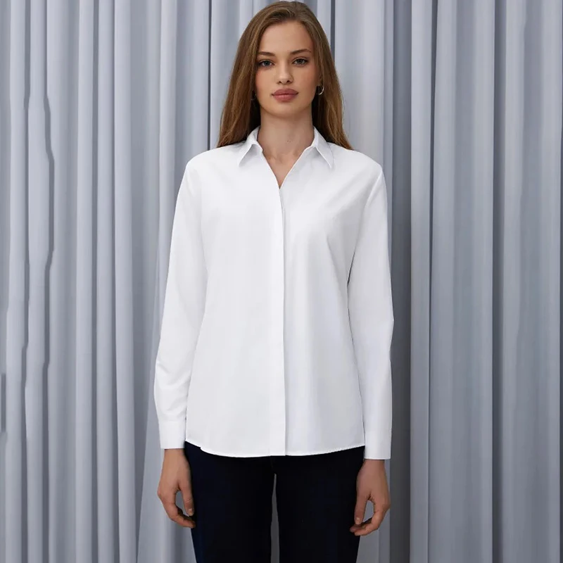 أنيقة رفض طوق قميص أبيض المرأة 2025 كم طويل الصلبة مكتب رسمي بلوزة امرأة موضة إخفاء زر حتى القمصان #2