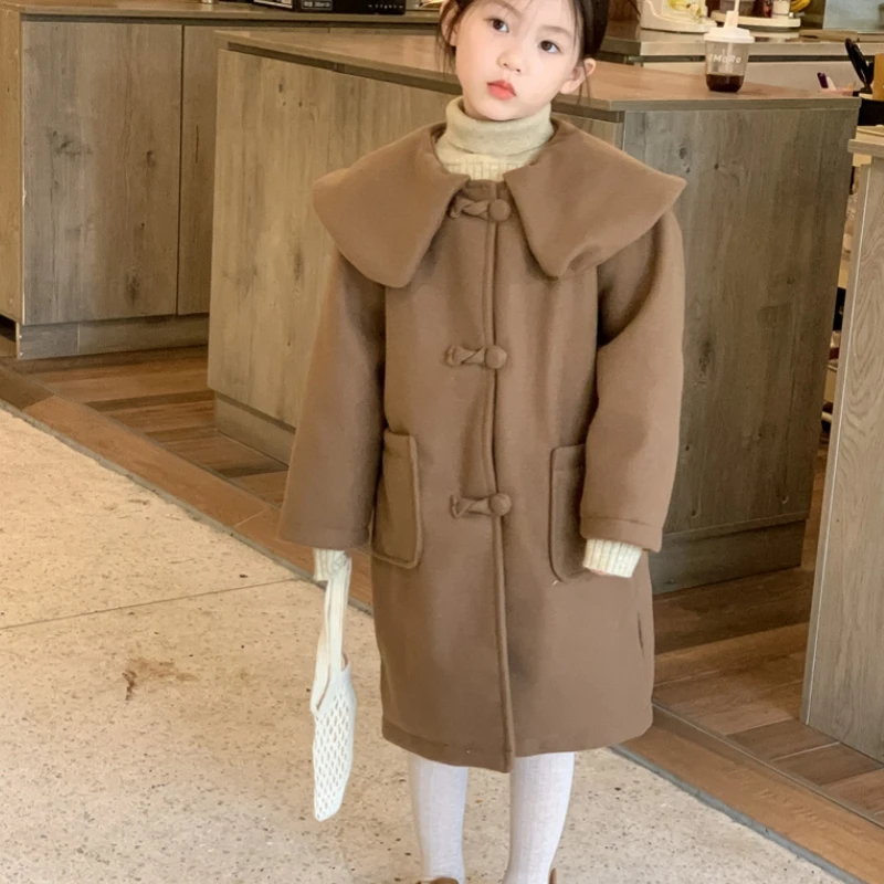 Girls Woolen Coat Overcoat Jacket Windbreak 2023 Long Warm Plus Thicken Winter Cotton Tracksuit Sport Children's Clothing