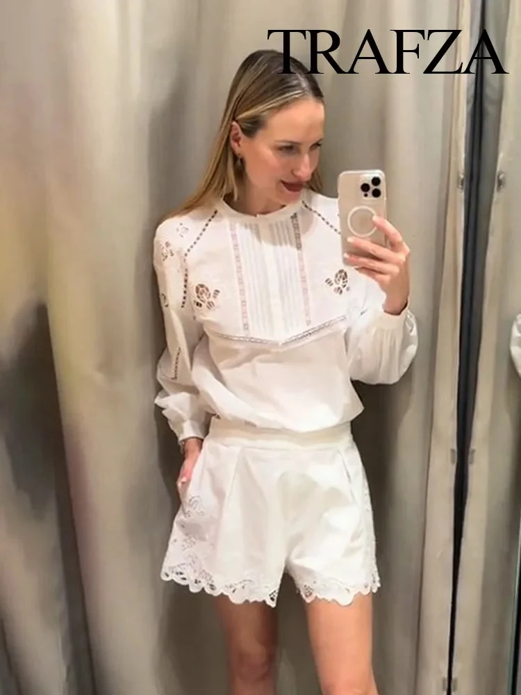 

TRAFZA Women Shirt Sets Fashion Solid Hollow Out Embroidery O-Neck Blouses Top+Summer High Waist Pleated Chic Woman Shorts
