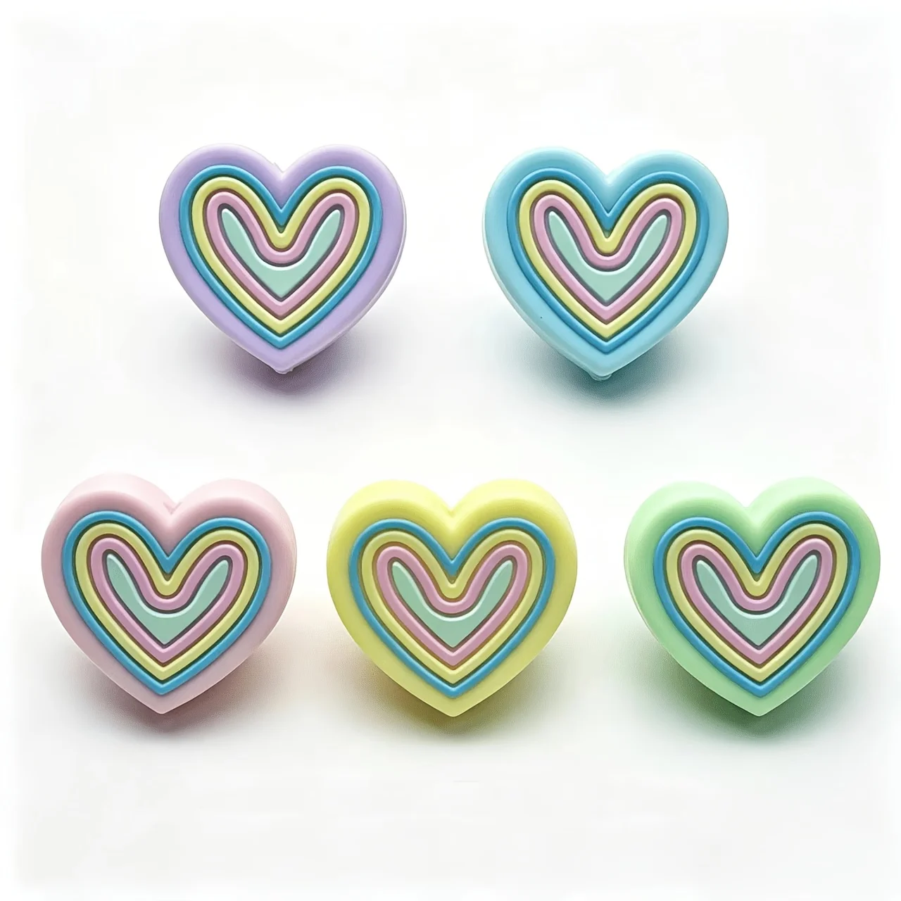 5Pcs 3D Rainbow Layered Heart Silicone Focal Beads, Purple Blue Pink Yellow Green DIY Beads for Bracelet Necklace Pen Decor - view 2