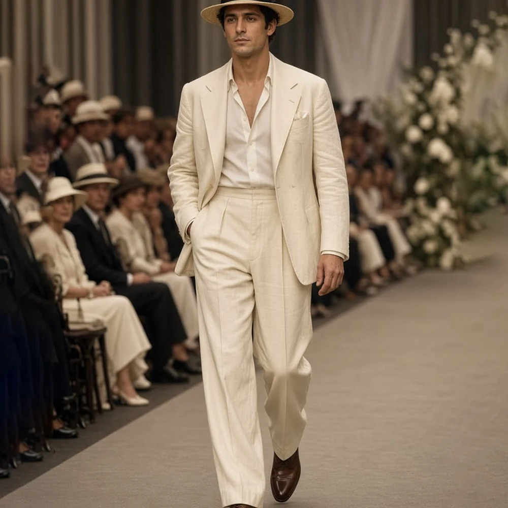 Men Cream White Linen Suit 2 Pieces Blazer Pleated Wide Leg Pants Set Summer Wedding Groom Formal Party Gentleman Suit Outfit