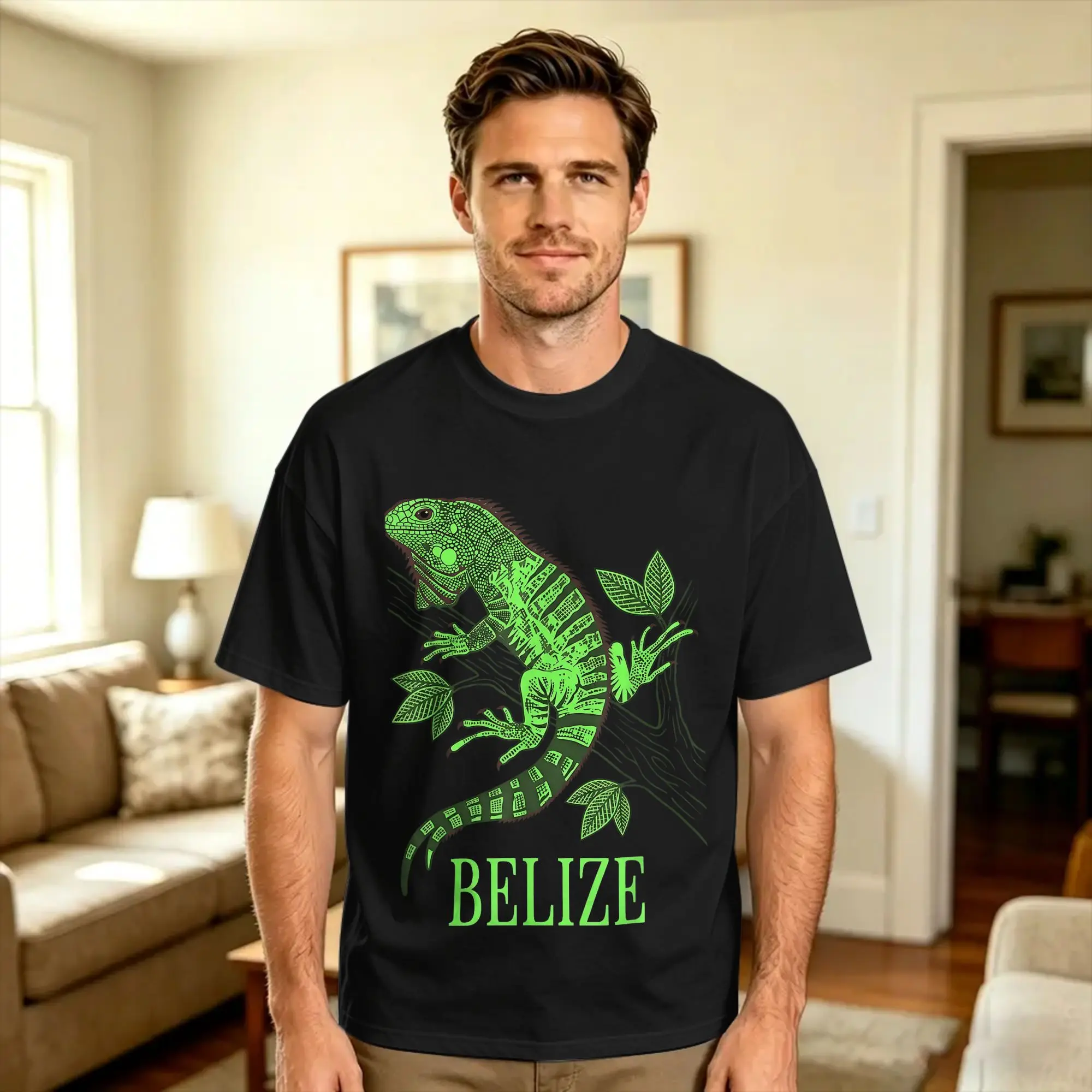 Belize Green Iguana Tropical Lizard on Branch T-Shirt  Novelty T-Shirts Short Sleeve Awesome Tshirt Summer Cotton Oversize Tees