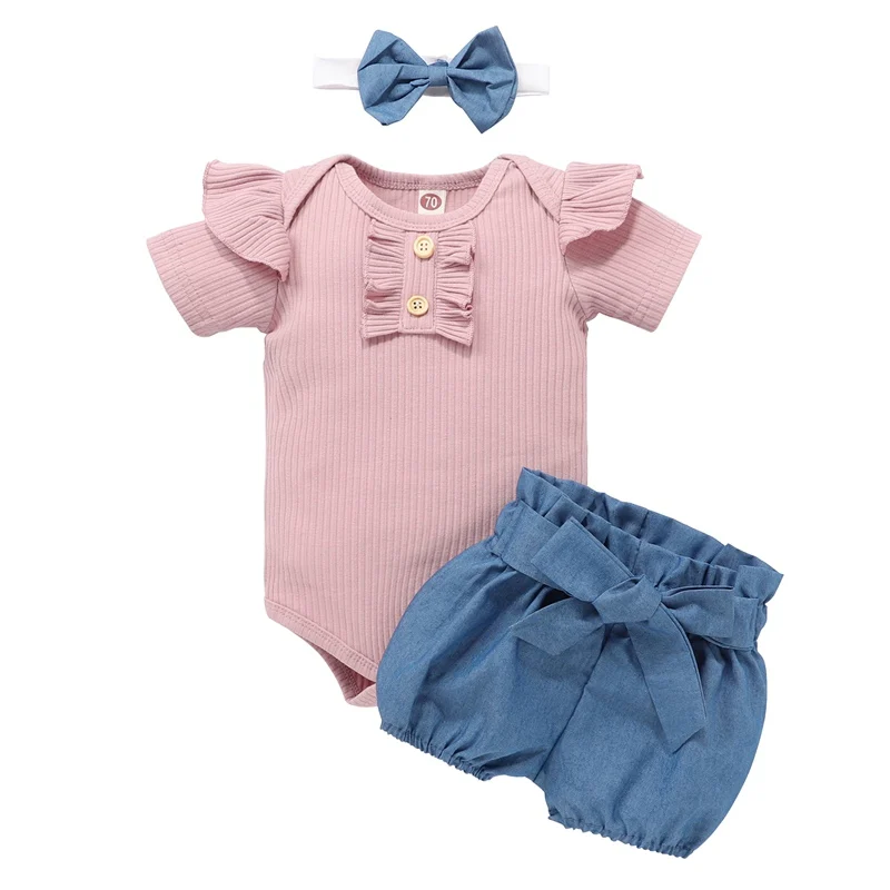 Newborn Baby Girl Clothes Short Sleeve Romper+Shorts+Headband Summer Outfit Set