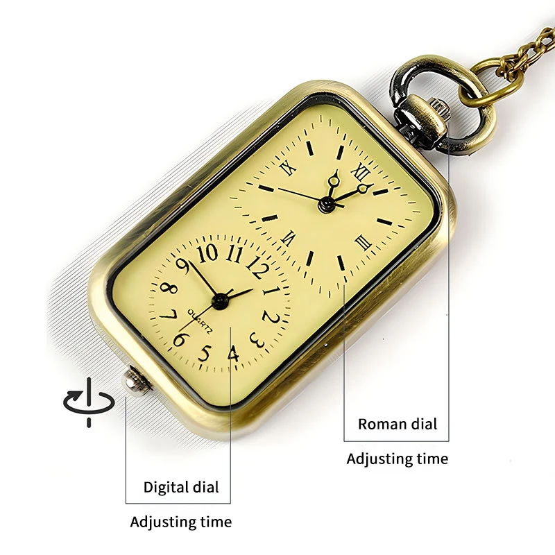 Relógio requintado bronze chaveiro relógio de bolso quadrado retro duplo tempo movimento relógio de quartzo sem capa estilo antigo pingente