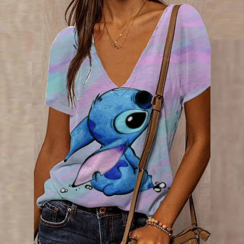 Disney's Lilo & Stitch Summer Women T-Shirt Cute Cartoon V-Neck Tops Tees Daily Casual Streetwear Female Fashion Outfit Clothing