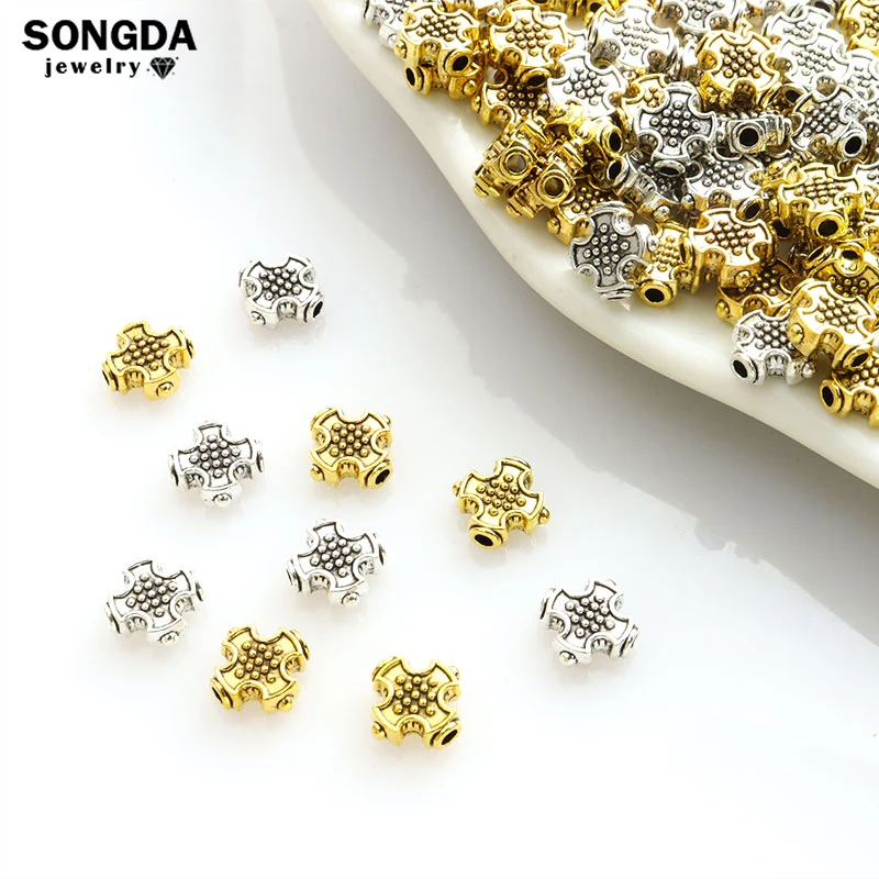 30pcs Creative Cross Alloy Small Hole Beads Antique Gold Silver Color Metal Loose Spacer Bead for DIY Making Jewelry Accessories