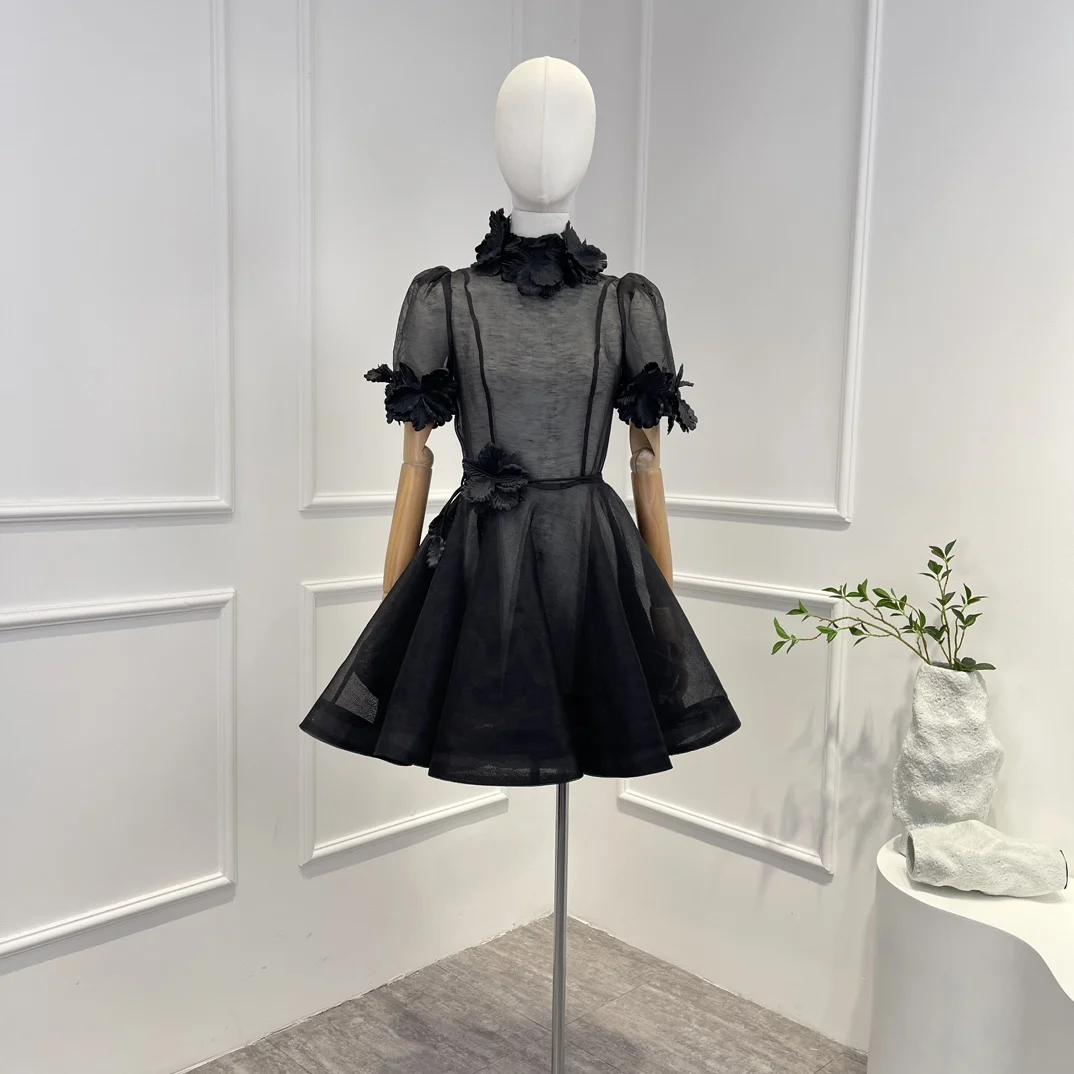 Preto 2023 mais recente coleção de alta qualidade vintage seda linho manga curta cintura tridimensional flor mulher midi vestido