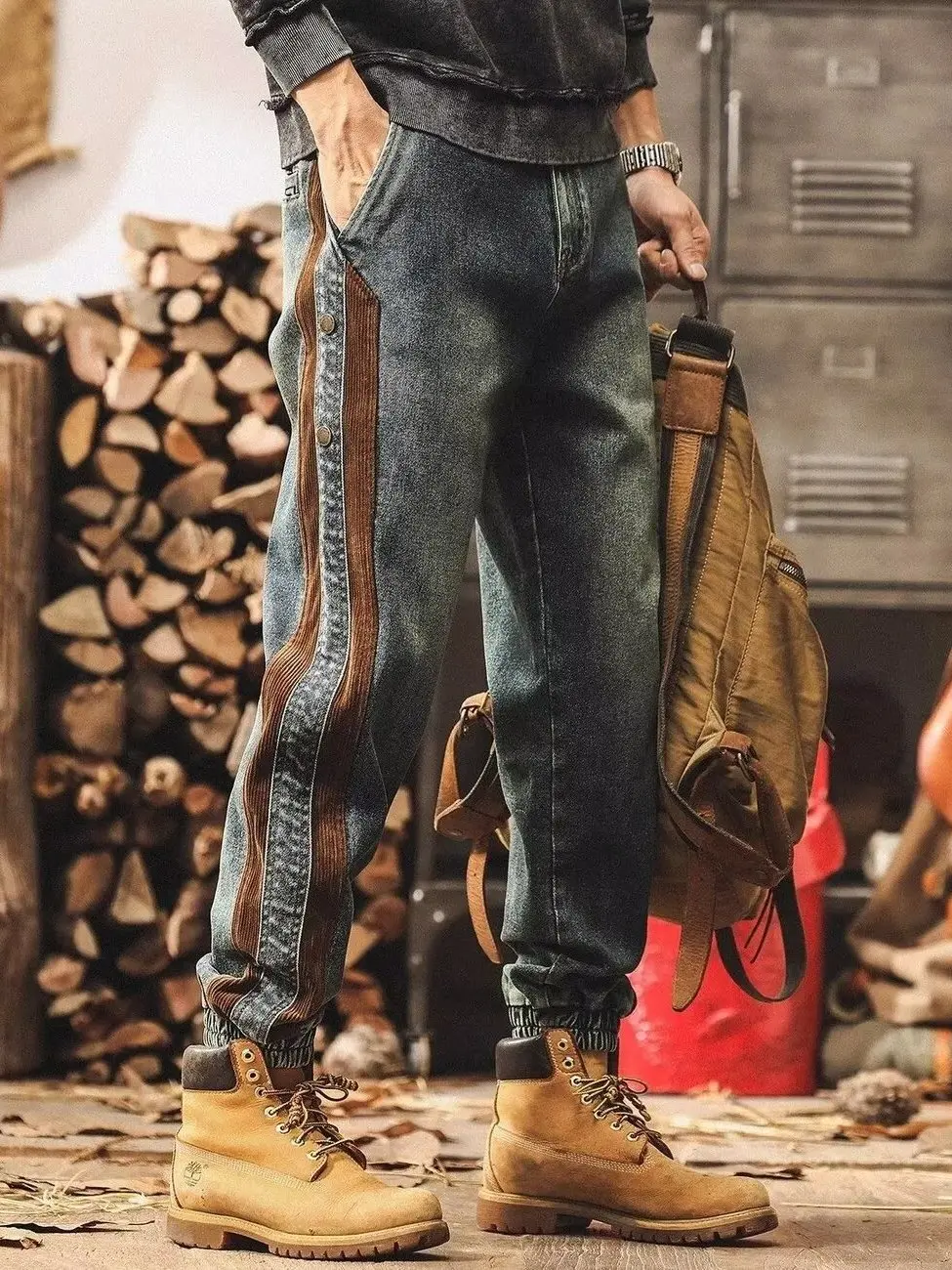 

Американские тяжелые лоскутные рабочие брюки, мужские модные свободные повседневные джинсовые джинсы с манжетами, молодежные износостойкие