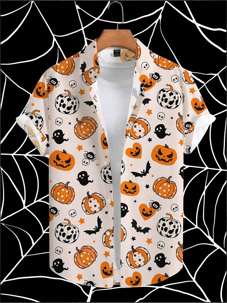 Halloween Daily Casual Men's Short-sleeved Shirt Pumpkin Head Printed Men's Casual Shirt Urban Street Men's Fashion Shir