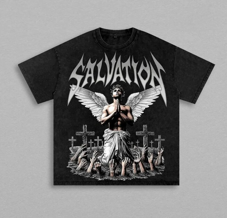

Savior Angel Oversized Wash T-shirt - Gothic Prayer Vintage Faithwear Streetwear Drop Street Clothing Personality Leisure Tops