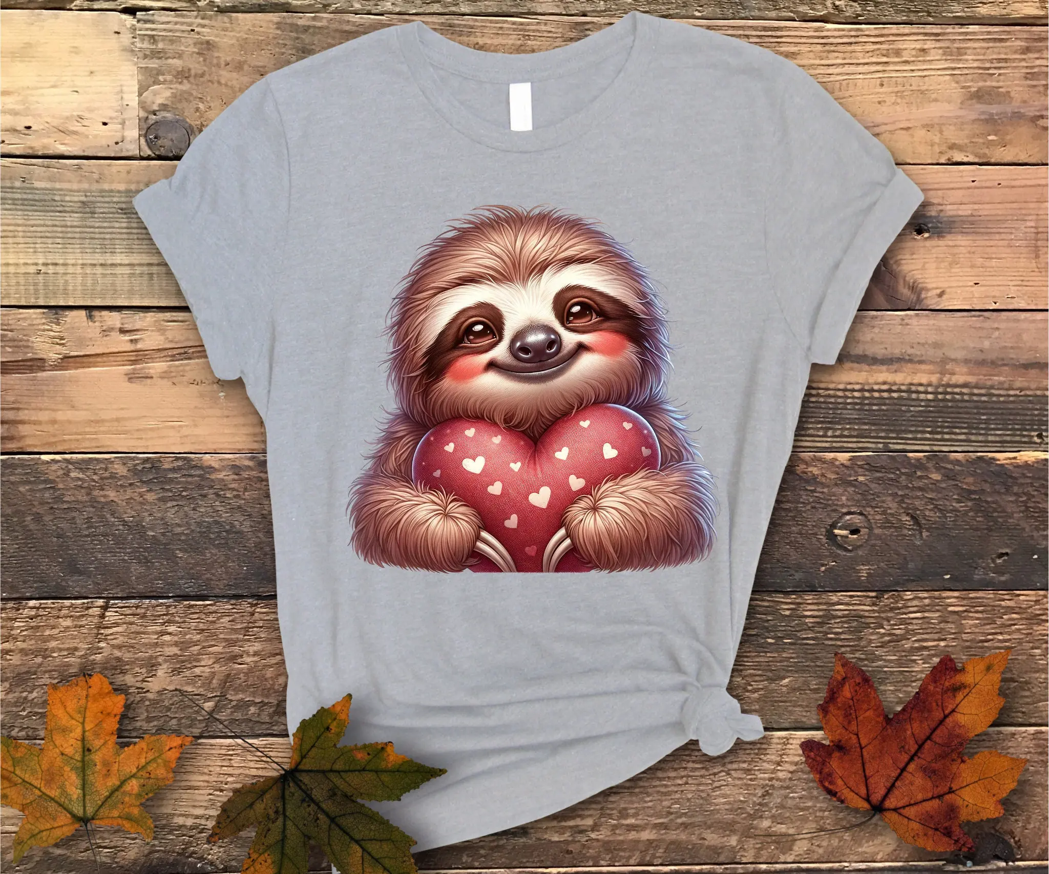 Valentine's Day T Shirt Happy Sloth with Heart Pillow DTG for Love Themed Casual Top