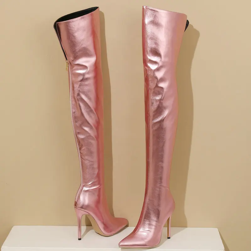 Patent Leather Pink Silver Gold Pointy Toe Overknees Back Zipper Wide Calf Thigh High Stiletto Heels Over-the-knee Stretch Boots