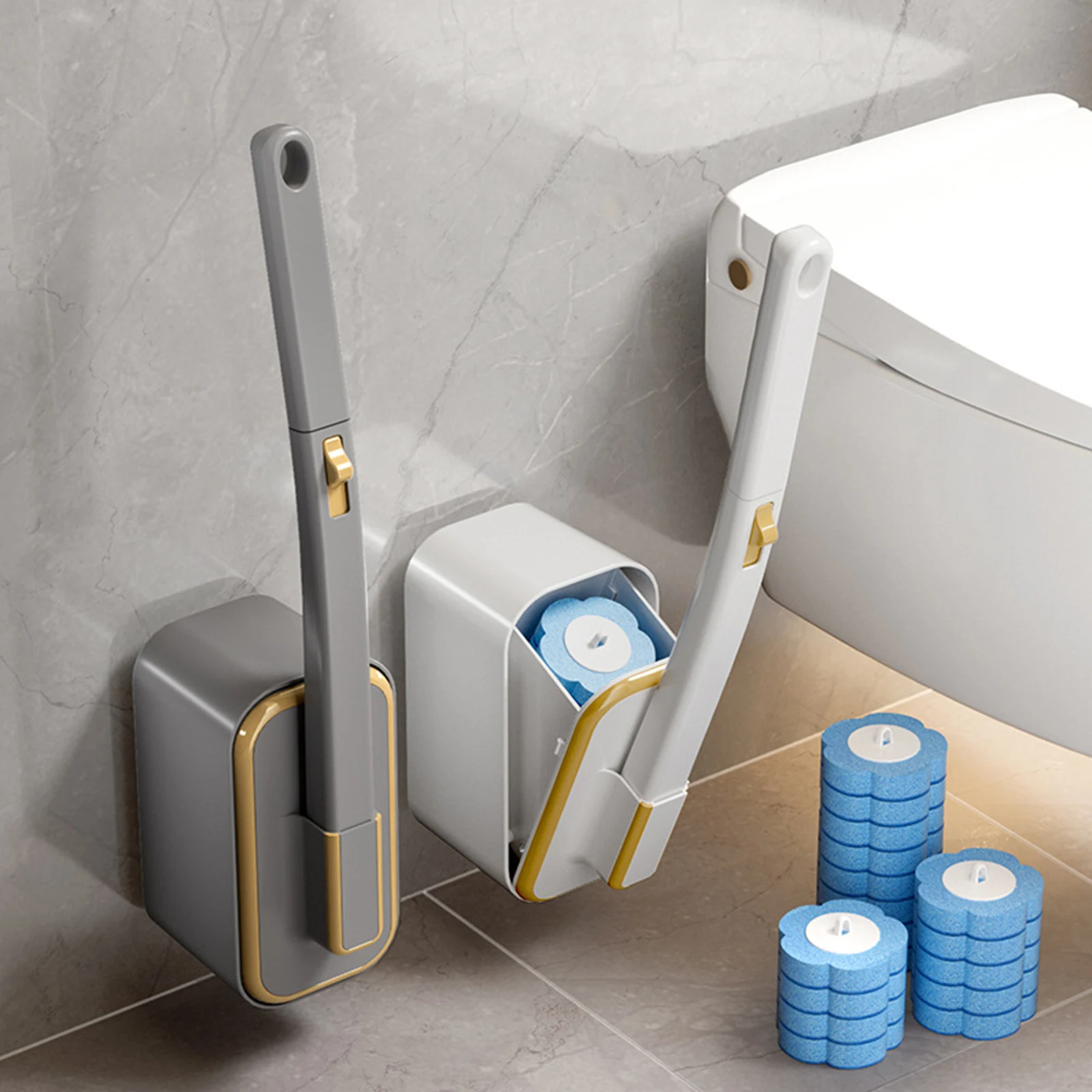Wall Hanging Toilet Brush with 36 Refill Heads and Holder Wall Mounted Quick Drying Holder Cleaning Tool Bathroom Accessories